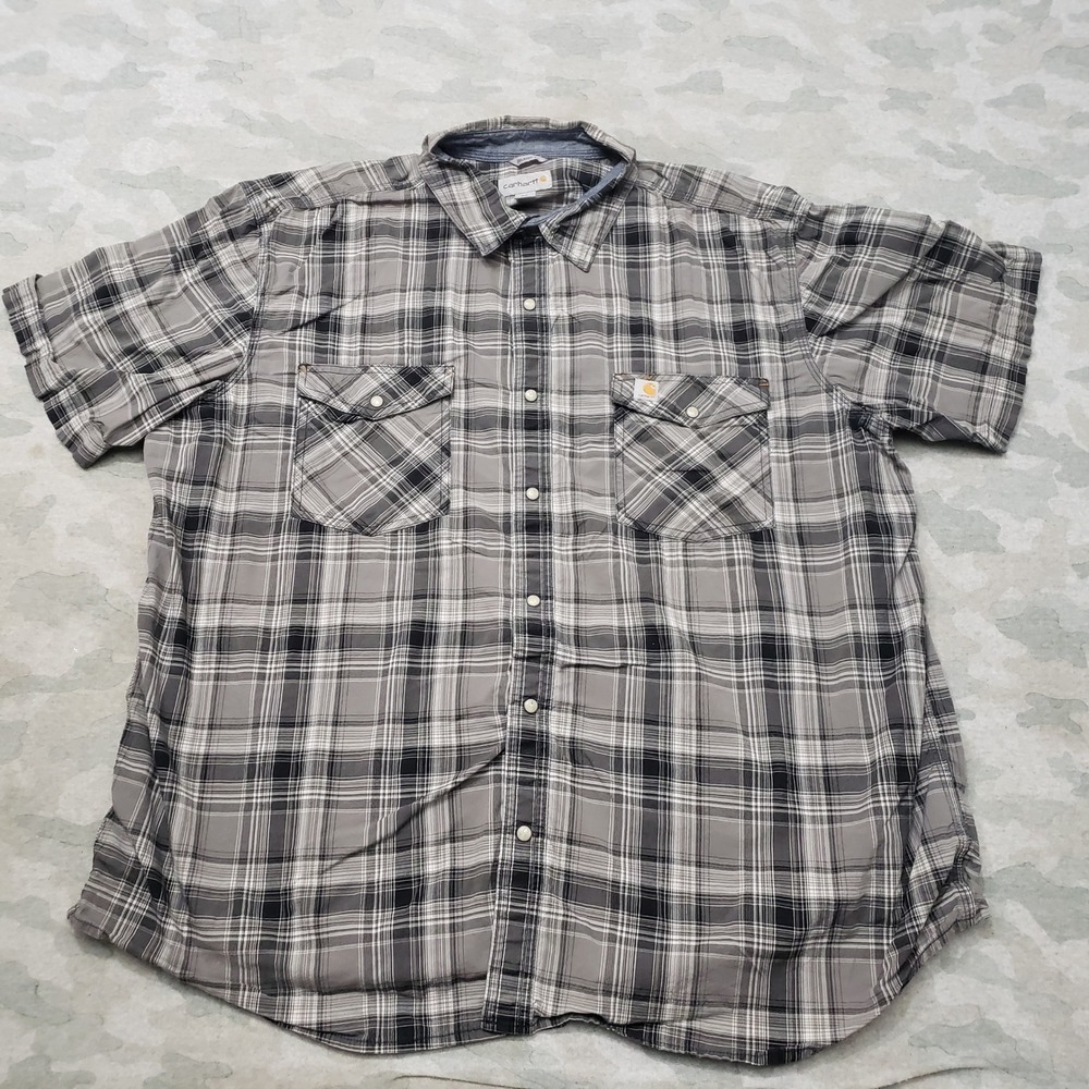 Carhartt Shirt Mens 2XL Gray Plaid Relaxed Fit Workwear Pearl Snap Short Sleeve